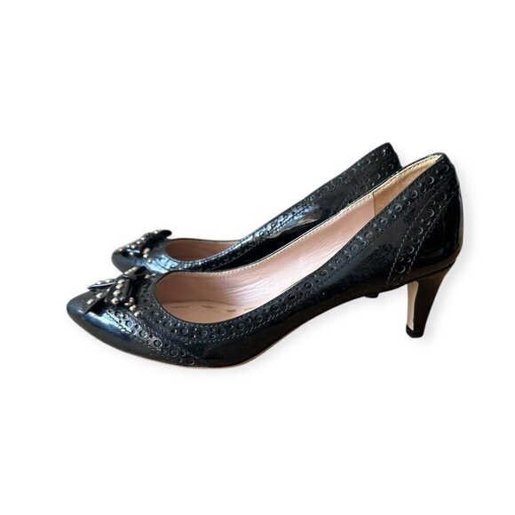 Miu Miu Black Patent Pumps with Studded Bow with perfs, Size 38.5 EU - Picture 6 of 14